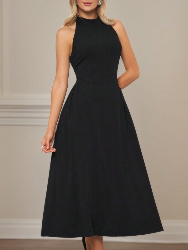 Women's Sleeveless Spaghetti Strap Peplum Dress, Elegant Business/Casual/Party Wear, Black Color, Zipper Back, Maxi Length, Summer