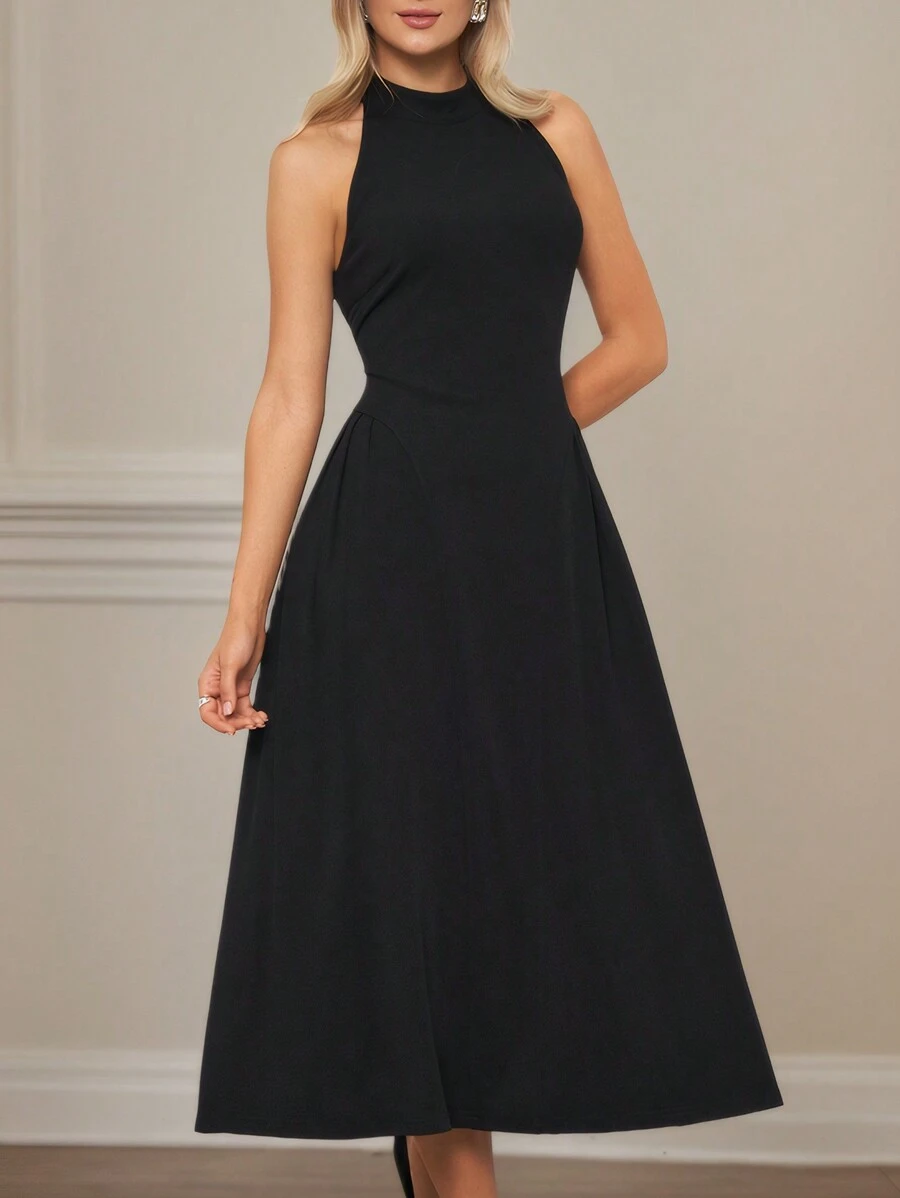 Women's Sleeveless Spaghetti Strap Peplum Dress, Elegant Business/Casual/Party Wear, Black Color, Zipper Back, Maxi Length, Summer