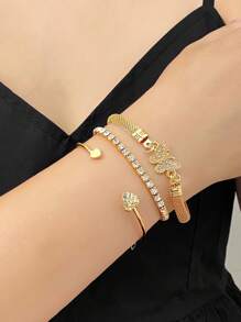 3pcs/Set Children's Fashion Three Pieces Bracelet Set - Butterfly Set With Diamonds, Shining Chain, And Heart Shaped Decoration, Suitable As An Accessory Set For Children - Multicolor - View 5