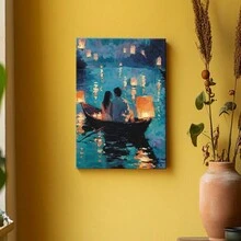 Wrapped Framed Canvas Vintage Print Wall Art Romantic Couple In Boat With Lanterns - Artful Home Decor For Living Room, Bedroom, Bathroom, Office