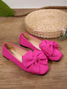 Cross-Border Plus Size 36-43 Sweet Bowknot Fuchsia Shallow Casual Flat Shoes For Daily Work, Comfortable, Lightweight, Slip-On Soft Bottom Women Loafers