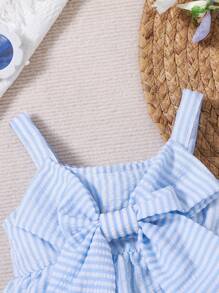 2pcs/Set Baby Girl Spring/Summer Blue Striped Bowknot Blouse & Striped Ruffle Hem Shorts Outfit - Blue - View 3