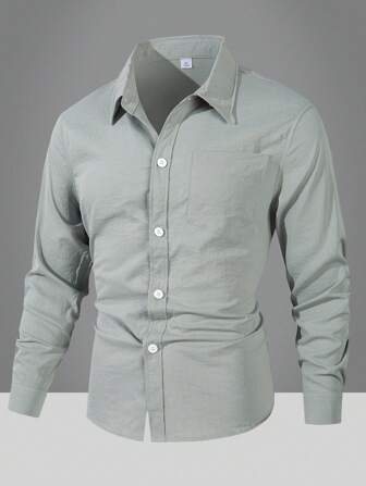 男士户外运动徒步钓鱼透气实用口袋翻领长袖休闲衬衫，纯色，春夏