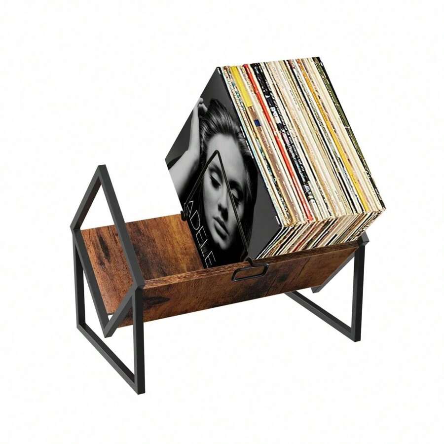 Record Holder,Album Storage Rack For Vinyl Records, LP Record Storage Organizer,Album Magazine Book Display Stand For Shelf, Brown Wooden & Metal - Brown - View 1