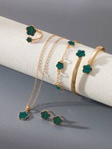 6 件/套韩国时尚五瓣花耳环、项链、手链、戒指首饰套装 - 时尚幸运花、梅花首饰套装，适合日常佩戴、圣诞节、新年、情人节、节日礼物 - 套裝 - 查看 4