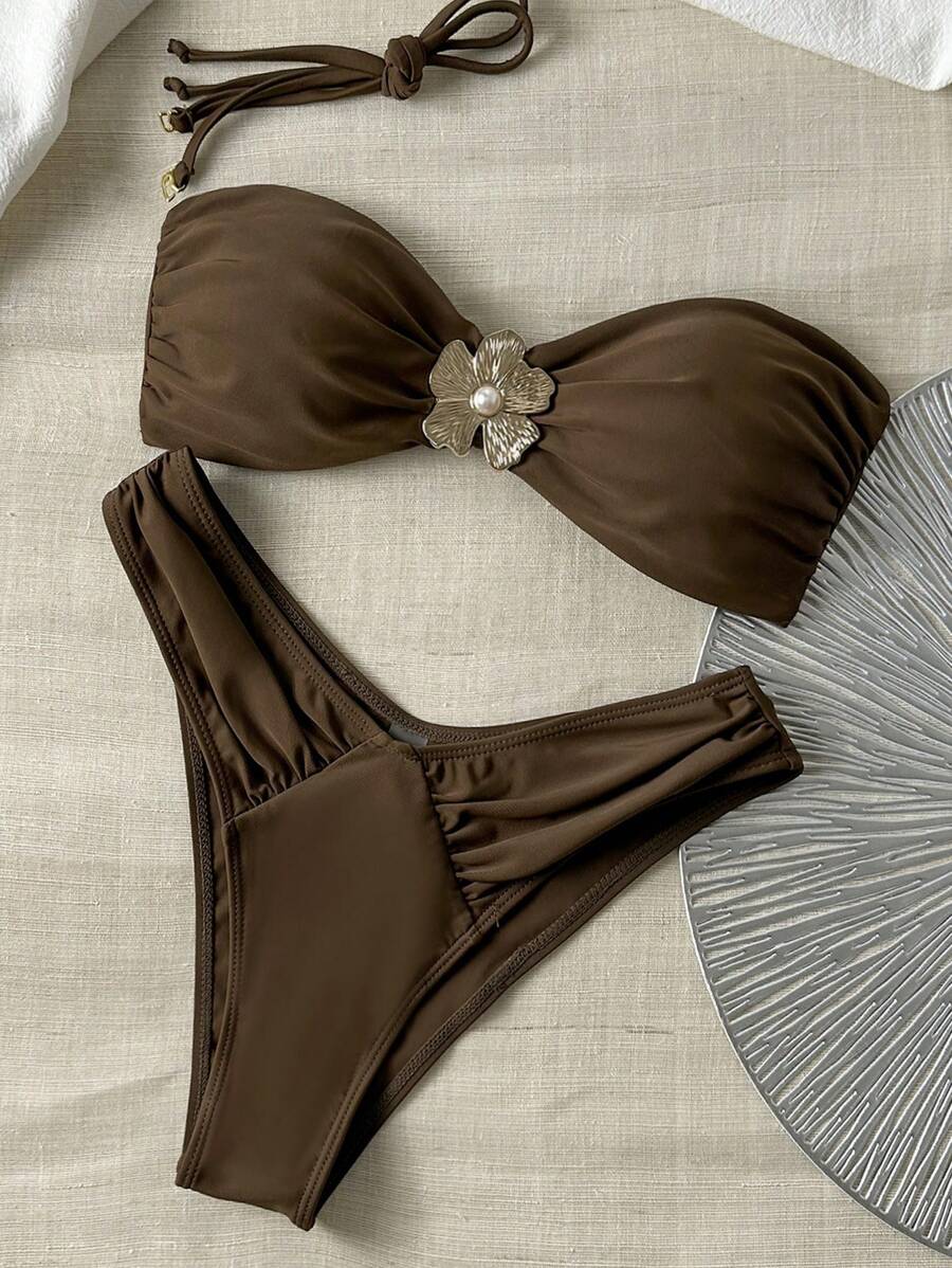 Women's Summer Floral Swimwear With Bandeau Top, Sexy Bikini 2 Pieces Beach Vacation Outfit - Brown - View 1