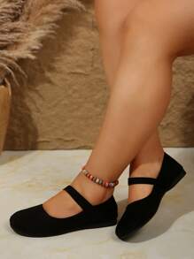 Plus Size 36-43 New Arrival Fashion Versatile Mary Jane Flat Shoes, Black Suede Fabric, Slip-On, Round Toe, Comfortable Slip-On Ballet Flats For Everyday & Work, Spring/Autumn