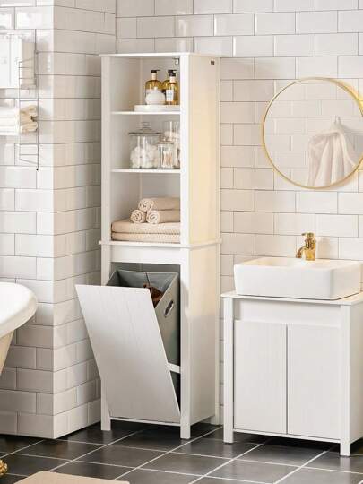 SoBuy BZR102-W, Bathroom Tall Cabinet Cupboard Bathroom Storage Cabinet With Laundry Basket, Laundry Cabinet Laundry Chest Home Bathroom Decor Bathroom Organizer Summer Bathroom Accessories