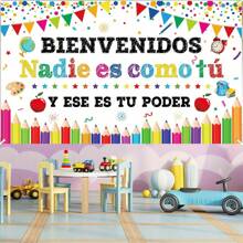 西班牙假日学校欢迎回来横幅，白色丝带卷，免电，涤纶材料，适用于教室、学校布告栏或家居装饰 - 彩色 - 查看 2