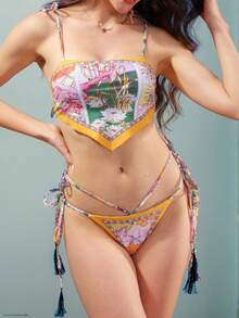 New European & American 2024 Sexy Patterned Bikini Two-Piece Set, In-Stock Direct Supply, For Summer Beach Vacation - Spaghetti Strap Lotus - View 3