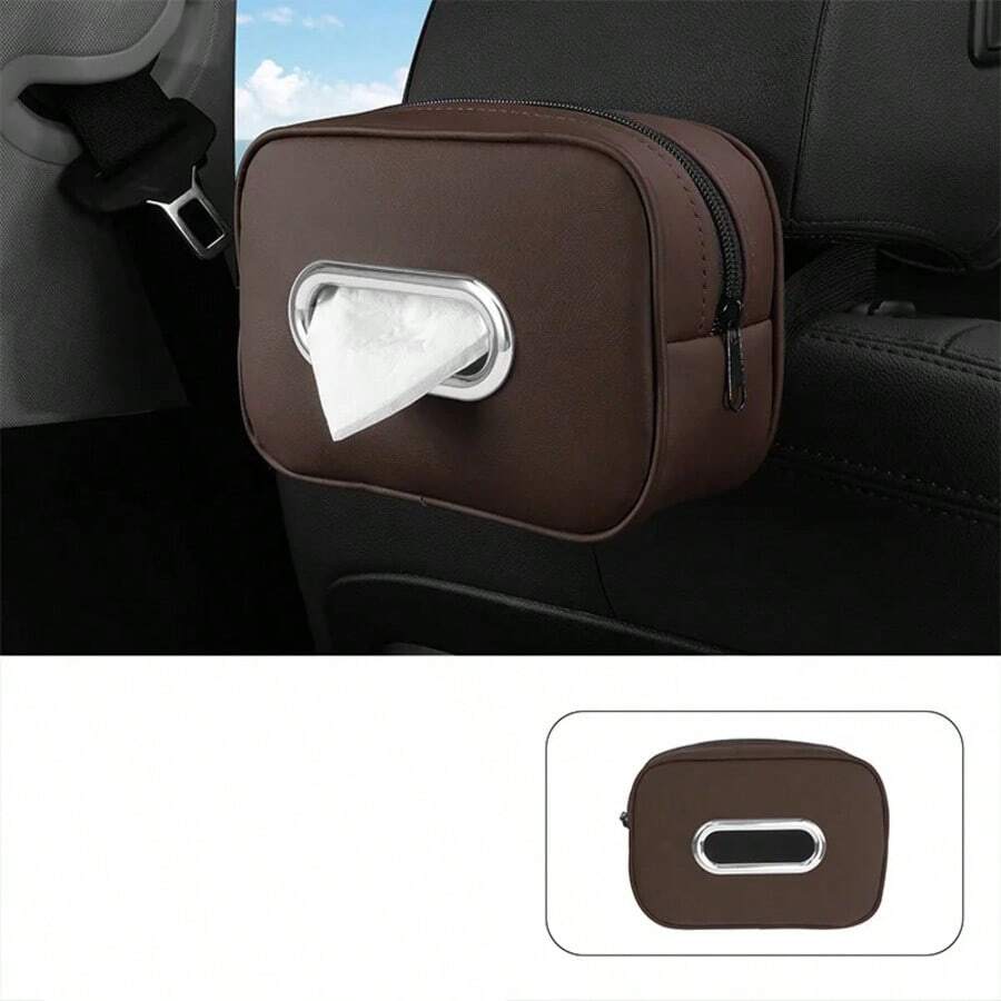Car Tissue Box Holder Leather Car Center Console Armrest Box Sun Visor Backseat Tissue Case With Fix Strap - Brown - View 1