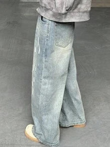 Teenage Boys' Vintage Blue Washed Vertical Stripe Distressed Casual Jeans, Spring/Autumn New American Style Mid/Plus Size Boys Retro Ripped Straight Leg Trousers