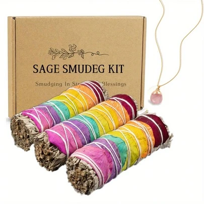 彩色花瓣鼠尾草熏香棒，4英寸，1/2/3支装，配粉色水晶吊坠，用于疗愈能量、净化身心、缓解压力，适用于瑜伽冥想，家居灵性装饰，巫术仪式工具