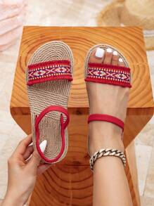 Sandalias planas de moda para mujer, pantuflas de playa antideslizantes, sandalias planas de estilo bohemio, sandalias elegantes con banda elástica para primavera y verano - Rojo - Ver 1