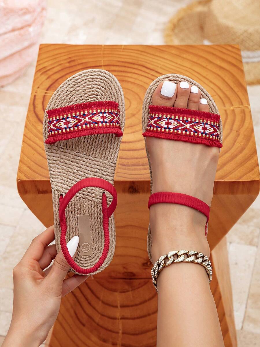 Sandalias planas de moda para mujer, pantuflas de playa antideslizantes, sandalias planas de estilo bohemio, sandalias elegantes con banda elástica para primavera y verano - Rojo - Ver 1