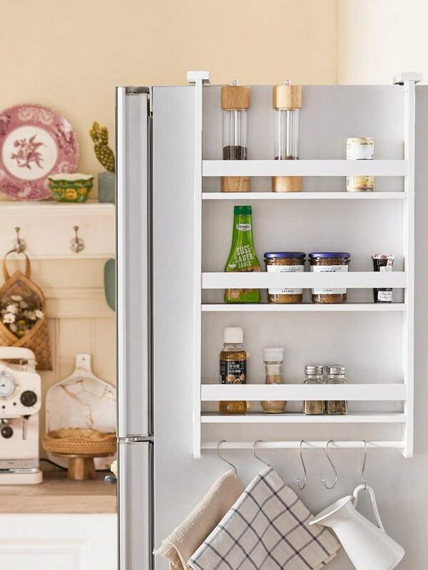 SoBuy FRG150-W Hängeregal für Kühlschrank mit 5 Haken Küchenregal Türregal Gewürzregale mit 3 Ablagen BHT ca.: 44,5x73,5x20cm