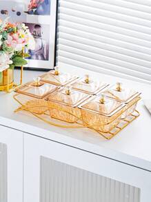 1 Set Luxury Snack Serving Plate, Wavy Pattern Dishes, Plastic Nut & Candy Tray With Lid On Golden Tray, Decorative Partition Display For Living Room Coffee Table, Suitable For Ramadan