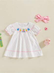 Vestido para niñas pequeñas, vestido informal de manga corta con bordado de pastel de cumpleaños, vestido de princesa para bebé, ropa de cumpleaños con diadema - Blanco - Ver 1