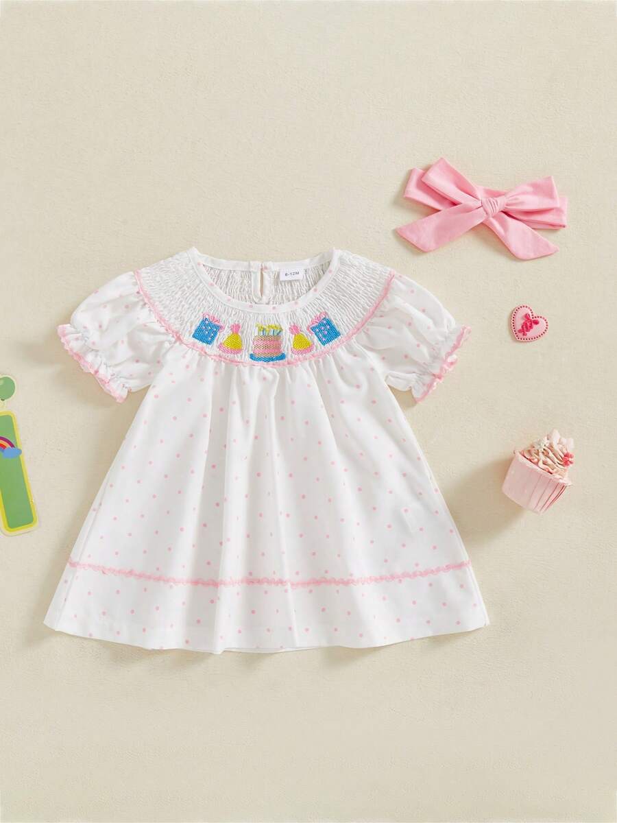 Vestido para niñas pequeñas, vestido informal de manga corta con bordado de pastel de cumpleaños, vestido de princesa para bebé, ropa de cumpleaños con diadema - Blanco - Ver 1
