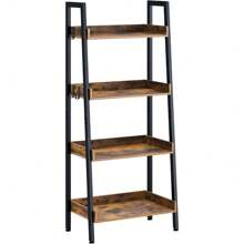 Bookshelf, 4 Tier Ladder Bookshelf With 3 Hooks, Industrial Bookcases, Freestanding Display Plant Shelves With Metal Frame For Living Room, Rustic Brown