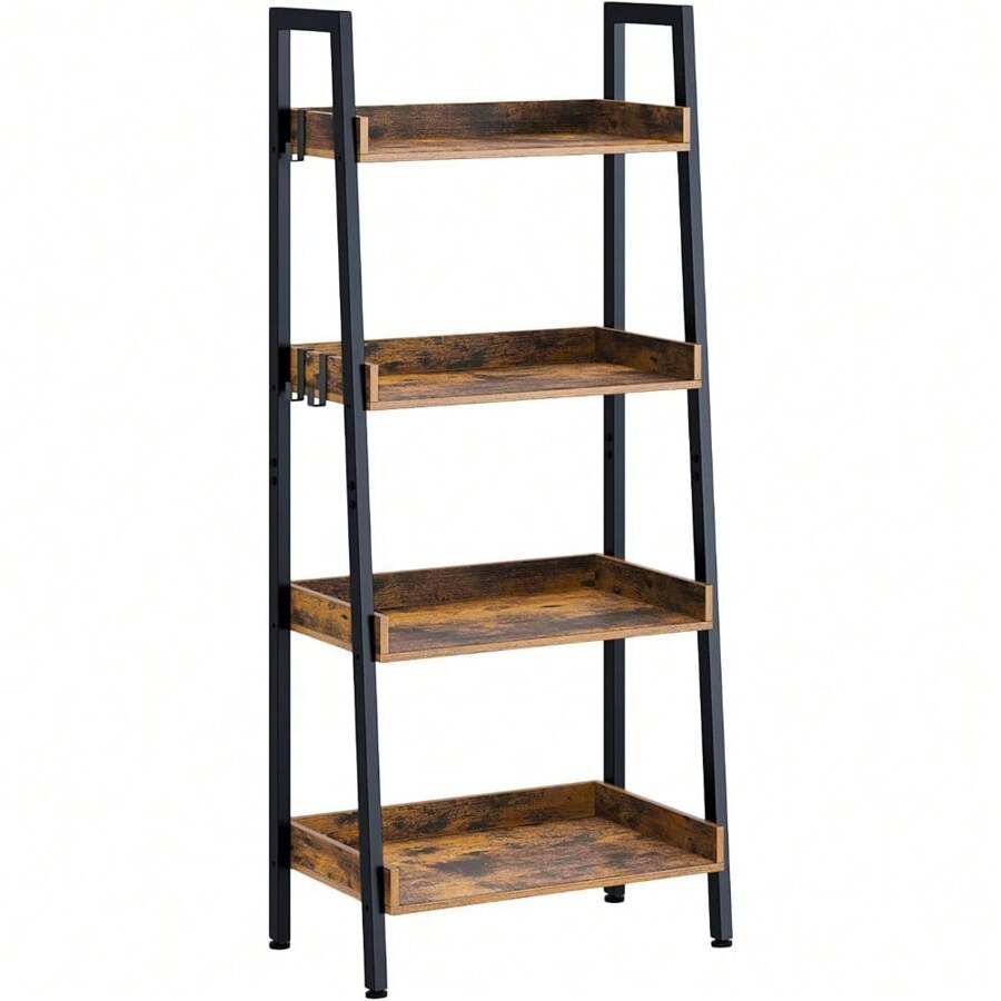 Bookshelf, 4 Tier Ladder Bookshelf With 3 Hooks, Industrial Bookcases, Freestanding Display Plant Shelves With Metal Frame For Living Room, Rustic Brown