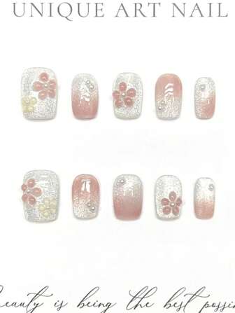 10 件渐变粉色水晶猫眼美甲装饰，手工制作小花短款可重复使用假指甲按压式指甲美甲用品