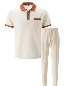 2 pièces Ensemble de sport pour homme, polo à manches courtes casual + pantalon long, tenue de sport à design patchwork mode