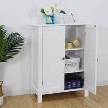 Modern Batoom Floor Storage Cabinet In White With Adjustable Shelves And Double Doors