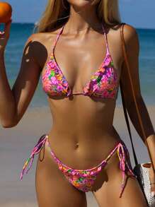 PEPPERMOLLY Neuer bedruckter, weich gepolsterter Schnürung-Neckholder Party Bikini-Set, elegante Sommer Strand Mode Damenbadebekleidung