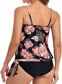 2pcs Women's Floral Print Slimming Gather Removable Spaghetti Strap Tankini Swimsuit Set - Black Background With Red Flowers - View 4