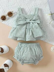 Baby's Bowknot Decor 2pcs Floral Pattern Summer Outfit, Peplum Top & Shorts Set, Toddler & Infant Girl's Clothes For Daily/Holiday, As Gift - 綠色 - 查看 1