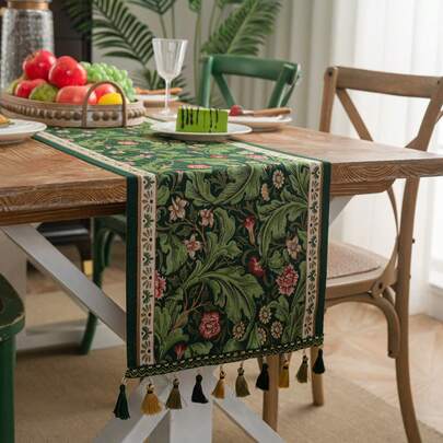 Khăn trải bàn hình chữ nhật jacquard họa tiết hoa xanh phong cách đồng quê Mỹ có tua rua, thích hợp sử dụng hàng ngày, lễ hội, dã ngoại, tiệc tùng, sinh nhật, tiệc trà bình thường, mọi mùa