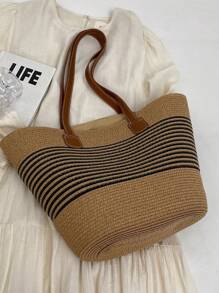 Fashion Straw Tote Bag Large Capacity Women's Shoulder Bag Bucket Bag Versatile Commute And Outdoor - Black - View 8