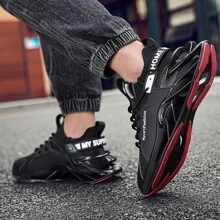 Sapatos com Sola de Lâmina Extremamente Confortáveis - Design Moderno e da Moda, Apresentando Tecnologia Superior de Amortecimento e Elegante Padrão de Listras - Projetado para Homens, Adequado para Corrida ao Ar Livre, Exercícios, Caminhadas e Exploração em Todas as Estações - Preto - Visão 4