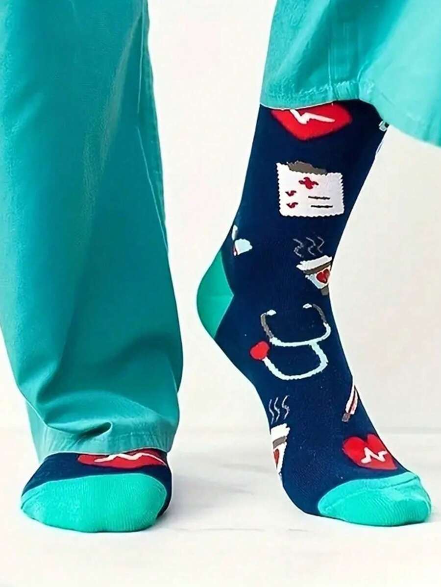 1 par de calcetines médicos de enfermera de dibujos animados caprichosos, con patrón divertido y novedoso, perfectos para enfermeras, médicos, trabajadores del hospital, estudiantes y regalos de graduación - calcetines especializados únicos, otoño