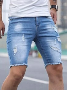 Men's Fashion Distressed Hem Elastic Denim Shorts Jorts - Light Wash - View 4