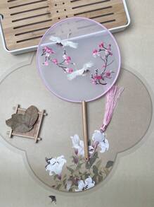 1 Stück vintage Handventilator, chinesischer runder Fächer mit Seide-Stickerei, Kranich-Blumen Heim- und Raumdekoration, Tanzfächer mit Quasten, Party-Requisiten, Weihnachts-, Valentinstags- und Neujahrgeschenk