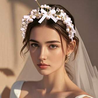 1 st handgjort flätat pärlhårband med rosett, brudhåraccessoar för uppsatt frisyr