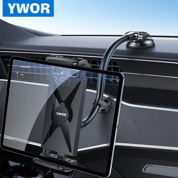 YWOR Car Dash Tablet Holder Mount, Rotatable Dashboard Phone Stand With Strong Sticky Gel Suction Cup, Waterproof ABS Material For 4-13" Devices