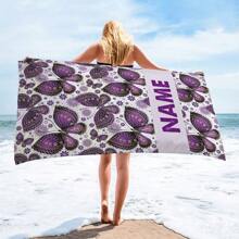 1pc Personalized Beach Towel, Purple Butterfly Print, Super Soft Microfiber, Absorbent & Quick Drying, Rectangular Beach Towel, Suitable For Beach, Swimming, Fitness, Lightweight,Women Valentine Gift Birthday Boyfriend Girlfriend