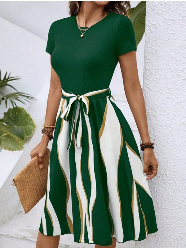 vestido ciganinha flora moda chic Vestido estampado com cinto em bloco colorido Elegant Women's Versatile