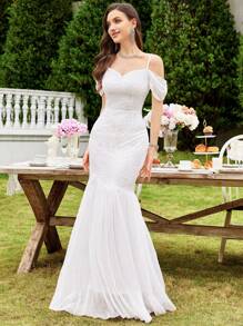 MIUSOL 白色花朵蕾丝露肩鱼尾下摆婚礼派对修身长裙，新娘