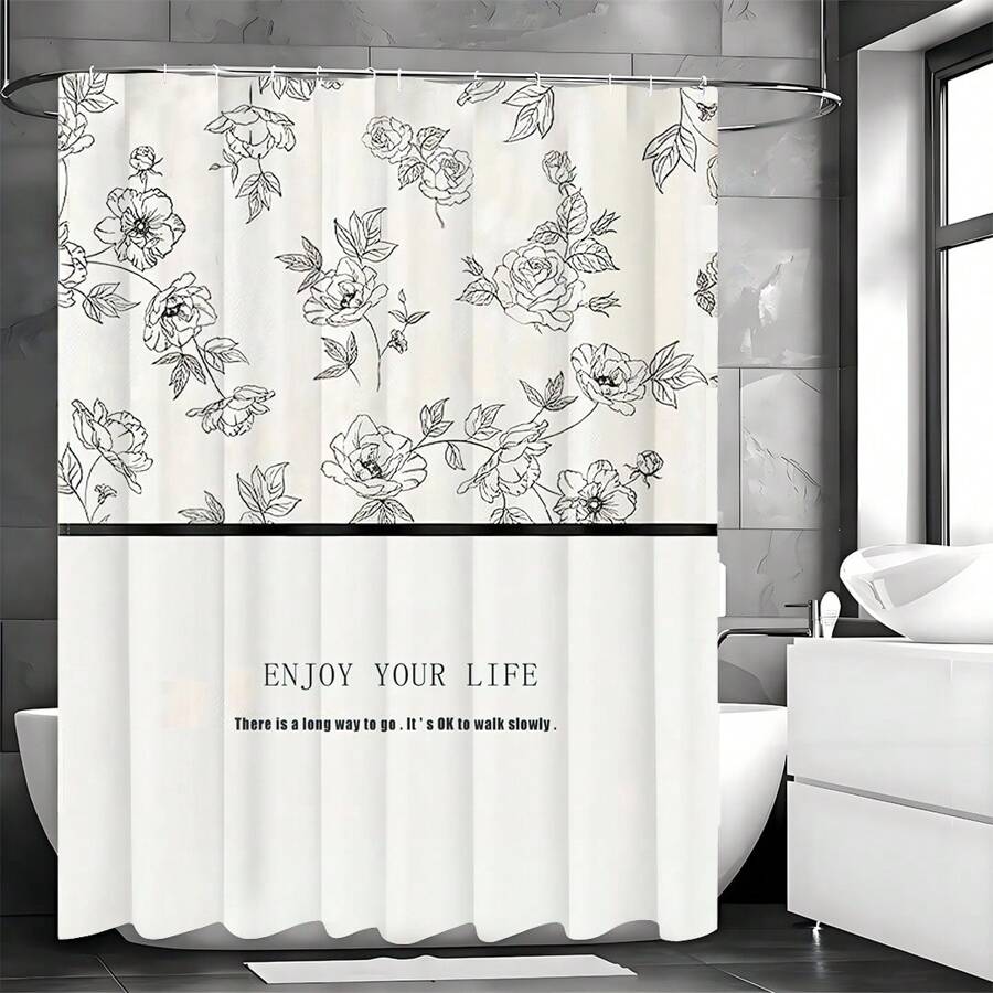 French Floral Classic Shower Curtain With Lead Line And Hooks, Water-Resistant Polyester Bath Divider, Machine Washable, Non-Woven Fabric Arts Theme Decor, Bathroom Accessory, All-Season Curtain