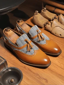 [Fast Arrival] Plus Size Men's Vintage Color Block Tassel Loafers, Comfortable And Non-Slip Durable Rubber Sole Office Walking Shoes, Men's Shoes - màu nâu - Xem 3