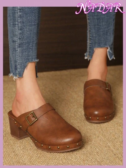 女士春秋季圆头套脚穆勒凉鞋，户外/通勤PU粗跟棕色鞋，优雅