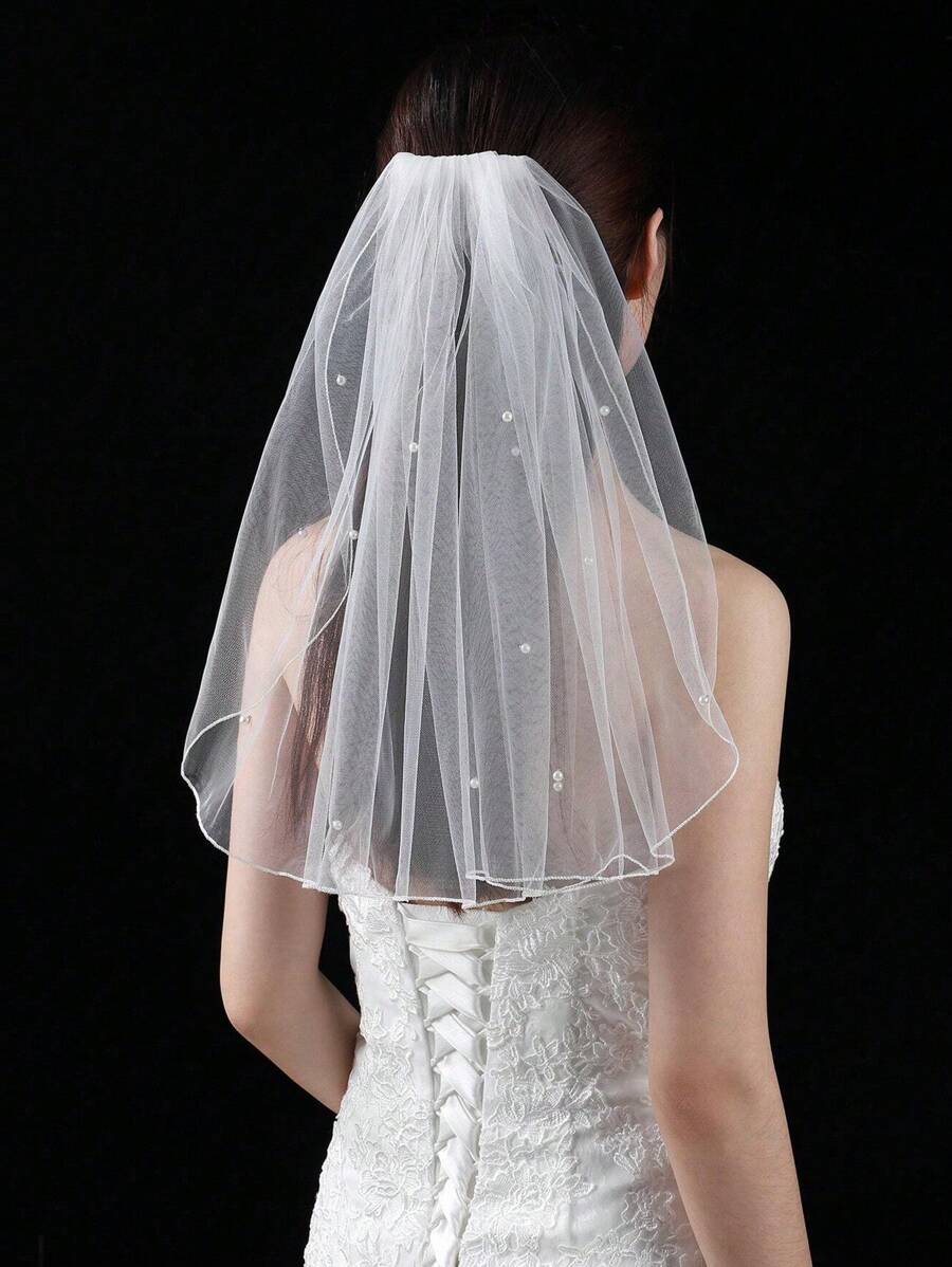 40cm Short White Bridal Veil With Pearls, Women's Party, Photo Shoot, Bachelorette, Registry, Vintage Minimalist Elegant Headpiece - 40cm Lock Edge Plus Diamond - View 1