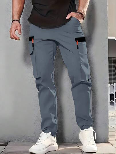 Men's Outdoor Trekking, Fishing, Camping, Mountain Climbing, Fitness, Running, And Casual Fashion Workwear Zipper Large-Pocket Elastic Waistband Slant-Pocket Straight-Leg Gray Pants