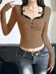 Women's Fashion Minimalist Lace Butterfly Patchwork Backless Camisole, Fitted Solid Color Long Sleeve Top, Basic Summer Wear - Brown - View 3