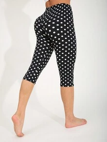 Women's Casual Sports Black Leggings With White Polka Dot Print Pattern, Stretchy And Comfortable For Fitness, Running, Weightlifting, Yoga, Outdoor Activities, Suitable For Spring/Summer
