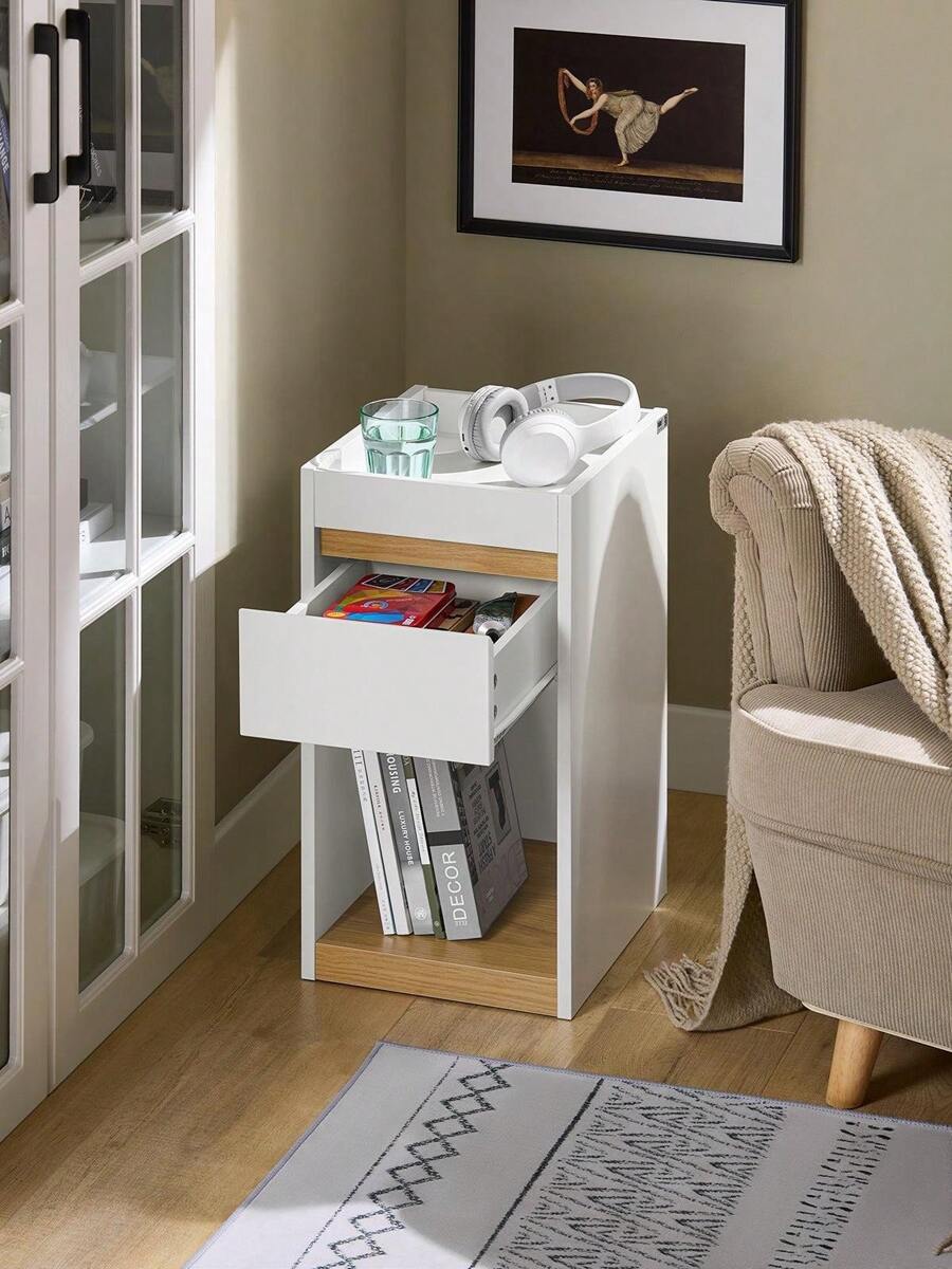 SoBuy Bedside Table Nightstand Sofa Side Table End Table Telephone Table White And Natural W30 X D35 X H55cm FBT137-W - White - View 1